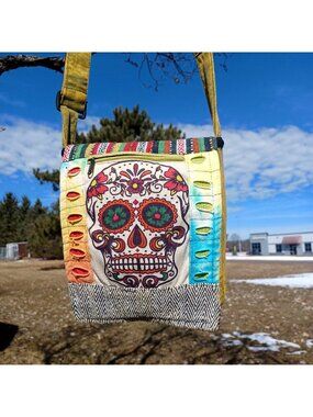 Colorful Sugar Skull Crossbody Bag Purse Strap Multicolor Zipper Boho Hippie M